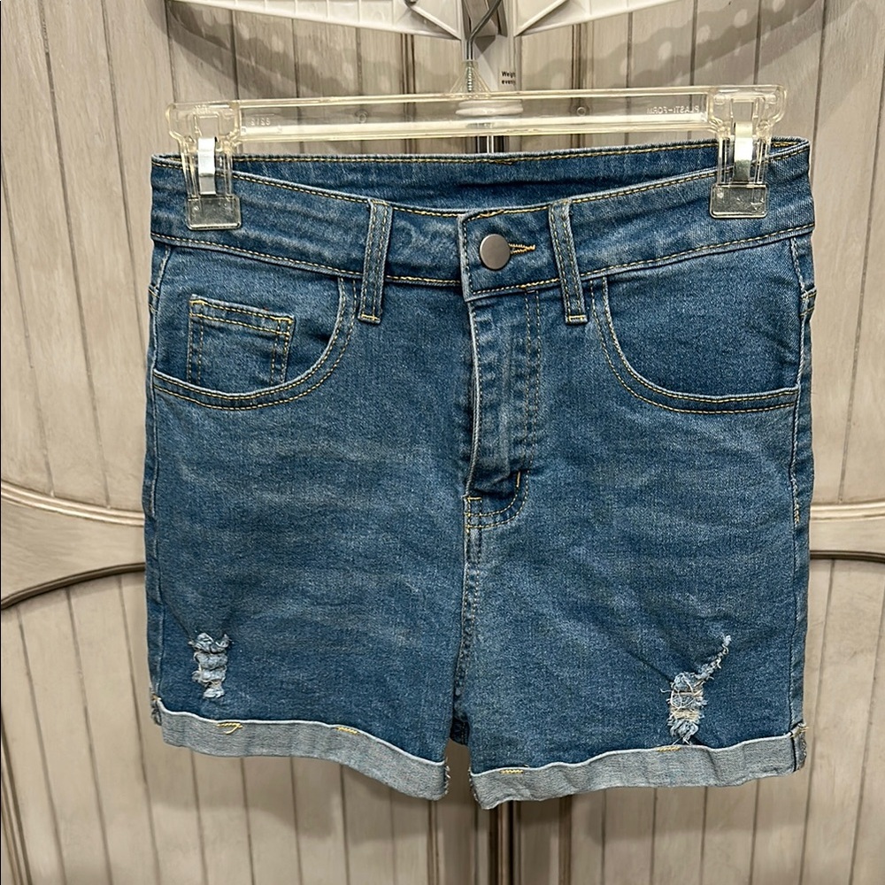 SHEIN Blue Jean Shorts with Distressed Cuffed Hem